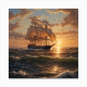 "Golden Serenity: Sunset Voyage with Seagulls" Canvas Print