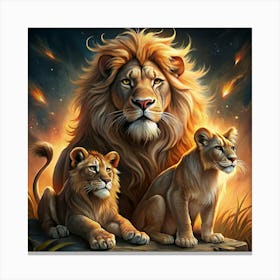 Proud Lion Family With Two Cubs Canvas Print