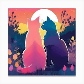 Silhouettes of Cats in the Garden, Orange, Purple, Blue and Pink Canvas Print