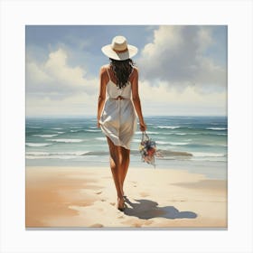 Woman Walking In The Beach Painting Art Print 1 Canvas Print