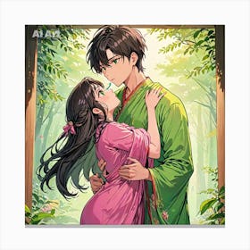 A girl wearing pink kimono hugging a boy wearing green kimono. Canvas Print