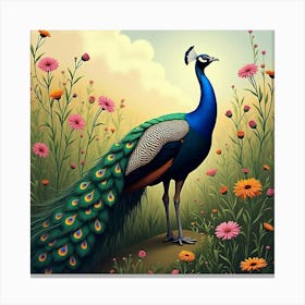 Peacock With Field Of Asters 1 Canvas Print