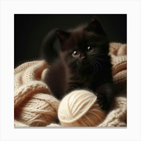 Black Kitten With Ball Of Yarn Canvas Print