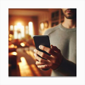 Man Using Smartphone In Living Room Canvas Print