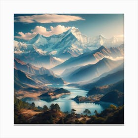 A Breathtaking View Of The Himalayas In Nepal, Showcasing The Majestic Snow Capped Peaks Under A Clear Blue Sky Canvas Print