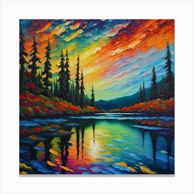 Sunset On The Lake. Enchanted Sunset: Vibrant Nature-Inspired Canvas Art with Abstract Pine Trees Canvas Print