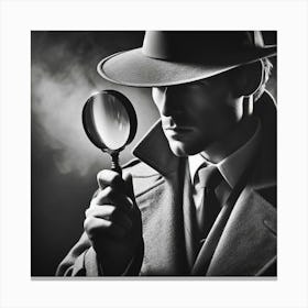 A black and white close up of a man wearing a fedora and trench coat holding a magnifying glass up to his eye with a serious look on his face while smoke swirls around him Canvas Print