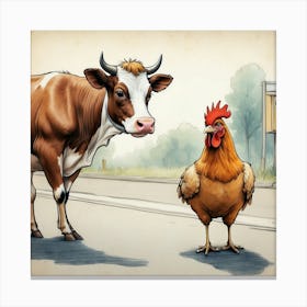 Cow And A Chicken Canvas Print