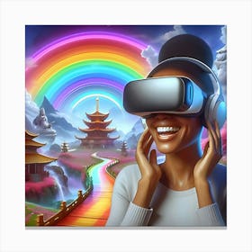 A Happy Woman Wearing A Vr Headset In A Shangri La With A Rainbow, Digital Art 3 Canvas Print