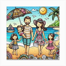 Doodle Family On The Beach Canvas Print