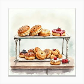 Classic Watercolor French Patisserie With Delicate Pastries On Display 1 Canvas Print