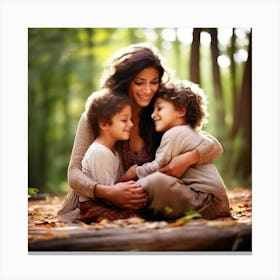 Mother Hugging Her Children In The Woods Canvas Print