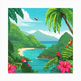 Tropical Paradise Pixel Art, Tropical, pic cell art, good flowers, nice colors, flowers, trees, digital art of nature, wall art of birds, wall art of flowers, wall art of greenery Canvas Print