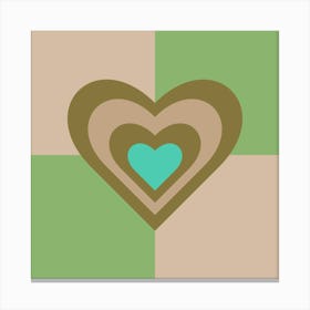 LOVE HEARTS CHECKERBOARD Single Retro Alt Valentines in Olive Sand Turquoise on Cream Green Geometric Grid Canvas Print