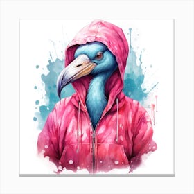 Watercolour Cartoon Flamingo In A Hoodie 3 Canvas Print