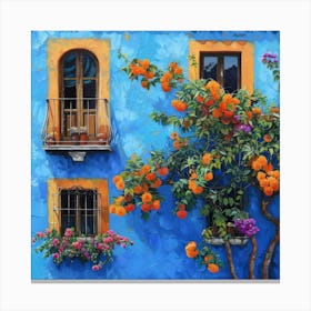 Blue House With Orange Flowers Canvas Print