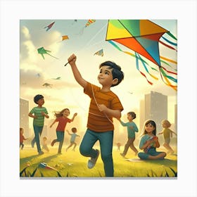 A Child Flying A Kite In A Park With Other Kids Playing In The Background 2 Canvas Print