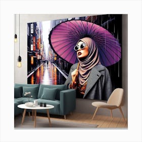 Pop Art Meets Japan: A Vibrant Painting of a Woman with an Umbrella in Tokyo Canvas Print
