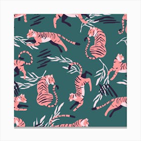 Pink Tiger Pattern On Green With Decoration Square Canvas Print