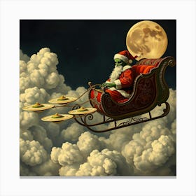 Alien Santa Claus Flying over Clouds Canvas Print