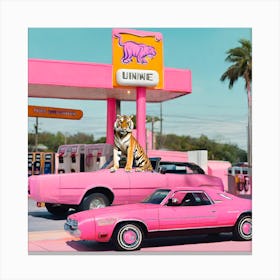 Winnie The Tiger - Garage Tiger On Pink Car Canvas Print