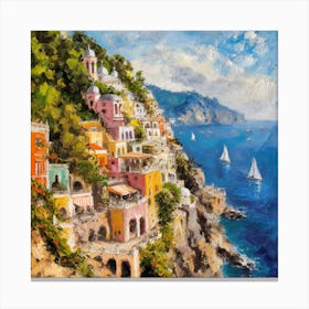 Lazy Square Impressionist Oil Painting Of The Sunny Amalfi Coast (3) Canvas Print