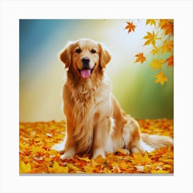 Golden Retriever In Autumn Leaves Canvas Print