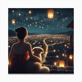 Little girl and her little dog looking at the night sky together 5 Canvas Print