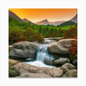 Waterfall In The Mountains Canvas Print