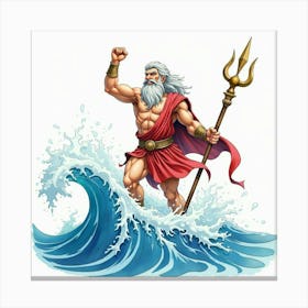 Watercolor Poseidon Ruling The Ocean Waves In Greece 1 Canvas Print