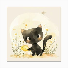 Black Cat With Yellow Flower Canvas Print