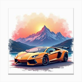 Lamborghini Aventador With A Watercolor Vibrant Mountain Range 1 Canvas Print