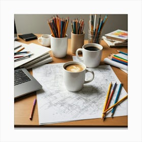 Coffee And Pencils On A Desk 1 Canvas Print