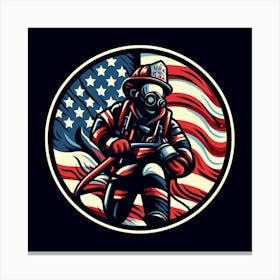 Firefighter With American Flag Canvas Print