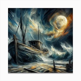 "Greg Rutkowski's Masterpiece: A Forgotten Fishing Boat Whispers Tales in Moonlit Waves | ArtStation Trending, Oil Painting with Bold Strokes and Intricate Details. Canvas Print
