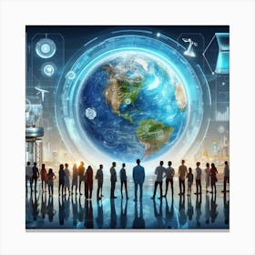 Group Of People Standing In Front Of The World Canvas Print