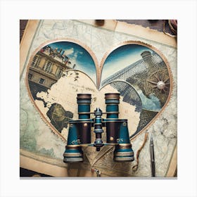 Firefly A Paris, France Vintage Flatlay, Travel, Binoculars, Love, Map, Stamp, Flight 83011 Canvas Print