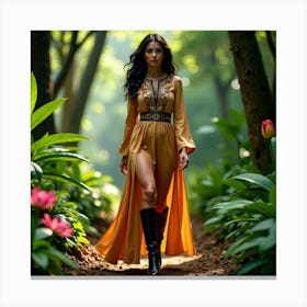 Woman In A Dress Walking Through A Forest Canvas Print