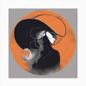 A Silhouette Of A Circle Wearing A Black Hat And Laying On Her Back On A Orange Screen, In The Style (1) Canvas Print