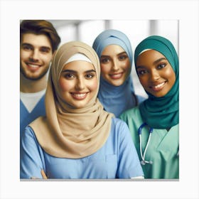 A group of four diverse young healthcare professionals, including a man and three women, all wearing blue scrubs and smiling at the camera. The woman in the center is wearing a hijab, the woman to her left is wearing a blue headscarf, and the woman to her right is wearing a green hijab. The man is standing to the left of the group, with his arm crossed. Canvas Print
