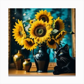 van gogh Black Cat With Sunflowers 1 Canvas Print