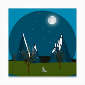 Graphic Mountains Snow Wolf Moon Nature Wilderness Stars Howling Blue Canvas Print