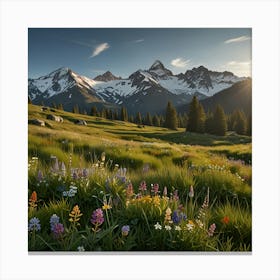 A Serene Alpine Meadow With Wildflowers And A Backdrop Of Snow Capped Mountains 2 Canvas Print