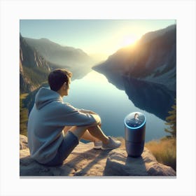 Man Sitting On A Rock Looking At The Lake Canvas Print