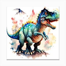 Colorful Dinosaur Model With Birds Flying Around Canvas Print