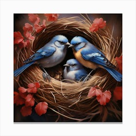 Bluebirds In Nest, A Pair Of Birds Building A Nest Representing Love Home And Family 1 Canvas Print