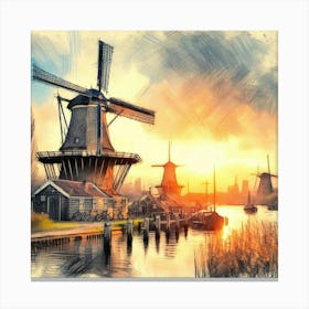 Sketching Amsterdam S Windmills At Sunset, Capturing The Essence Of Dutch Life Style Windmill Sunset Impressionism (1) Canvas Print