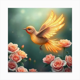 Whimsical Bird With Feathered Wings That Turn Into Glowing Petals Flying Over A Garden Of Roses 1 Canvas Print