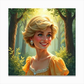 Princess Diana Glowing With A Smile, Surrounded By A Watercolor Forest 1 Canvas Print