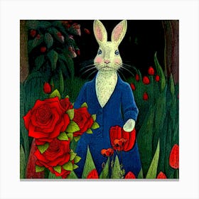 Rabbit In Blue Coat w Red Flowers Canvas Print